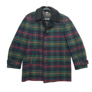 Vintage Pendleton Coat Mens L Green Red Wool Faux Fur Collar Quilted Lined 1950